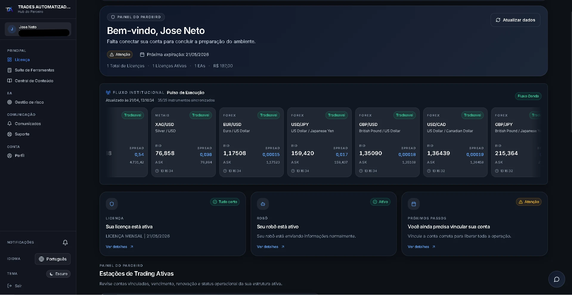 Painel inicial do Starter com resumo da licenca e do ambiente